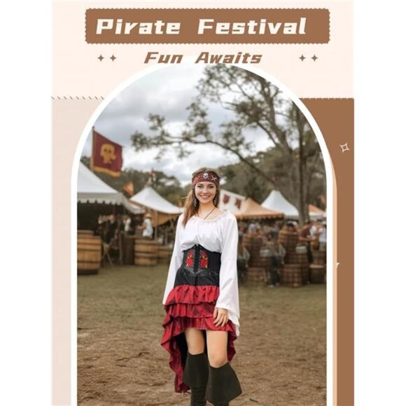 Pirate Costume Women Outfit with Renaissance Pirate Shirt Skirt Corset - Picture 4 of 7